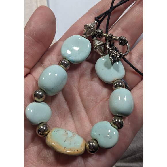 Handmade Light Blue Ceramic Beaded Necklace With Silver Tone Accents - Picture 7 of 8